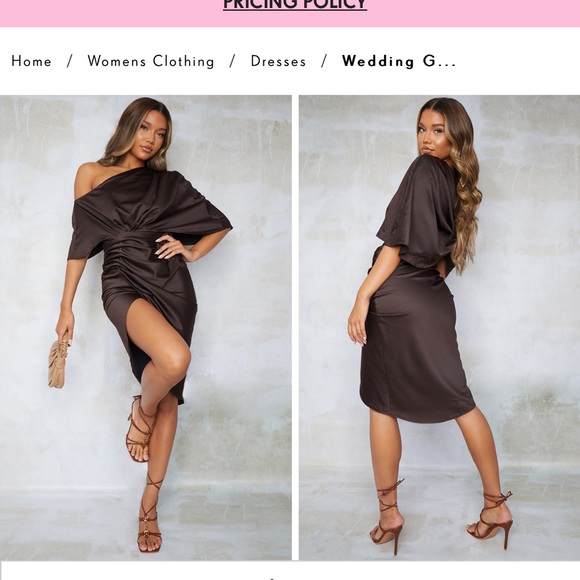 Brown Satin Draped Off The Shoulder Dress - Picture 2 of 13